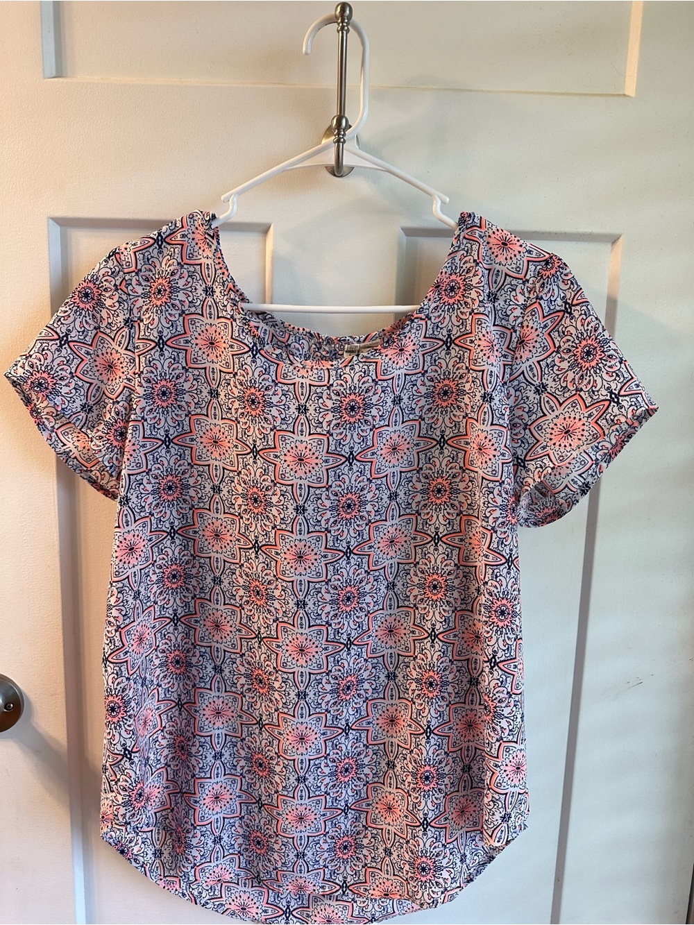 Papaya Pink and Navy Floral Geometric Short-Sleeve Blouse
